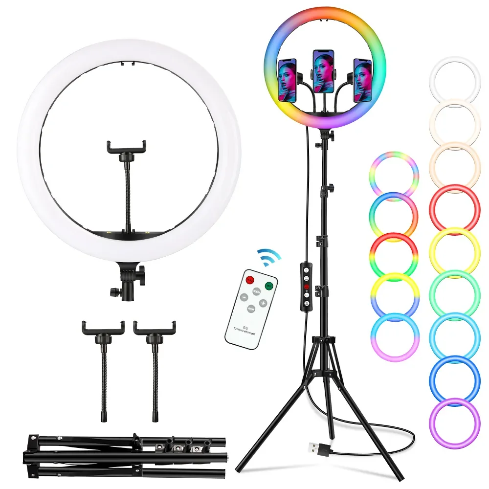 

Inch LED Selfie Ring Light RGB Dimmable Ring Lamp with 200cm Tripod Stand Photographic Live Lighting 3 Phone Clips Fill Light