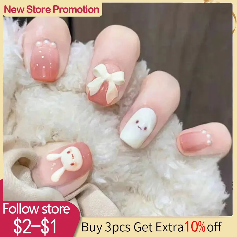 

24pcs Creativity Korea Fake Nails Girls Green Art Acrylic Full Coverage Waterproof Press On Nail Short False Nails Tips Decorate
