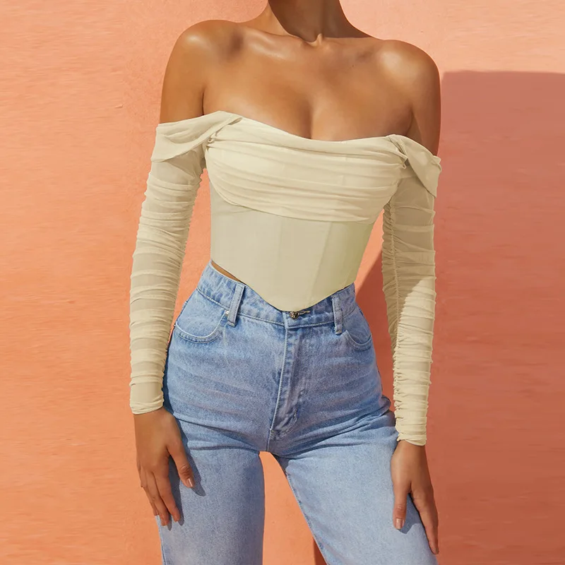 

Women's Short Shirts Autumn and Winter 2021 New Mesh Fishbone Perspective One Line Collar Exposed Navel Crop Top Blue Green Pink