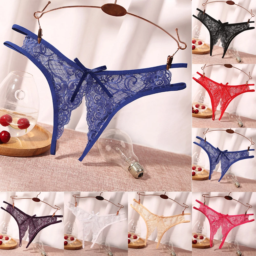 

Sexy Lingerie Women's Panties Crotch Opening Transparent G-strings Thongs Solid Bowknot Underwear For Women Lace Panties
