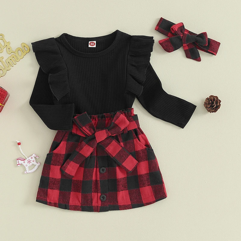 

Kids Girl 3 Piece Outfit Casual Ribbed Long Sleeves Tops and Plaid Skirt Headband Set Cute Fall Clothes