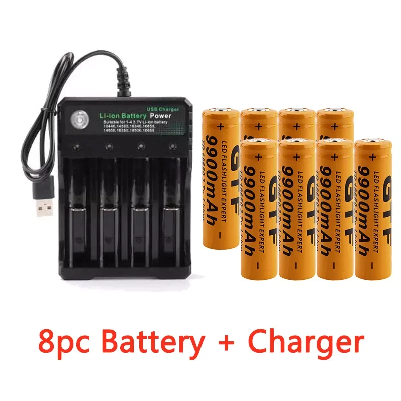 

NEW2023 GTF 18650 battery 3.7V 9900mAh rechargeable liion battery 2/4/8pcs li-ion Battery + 4 Slots 3.7V 18650 USB charger