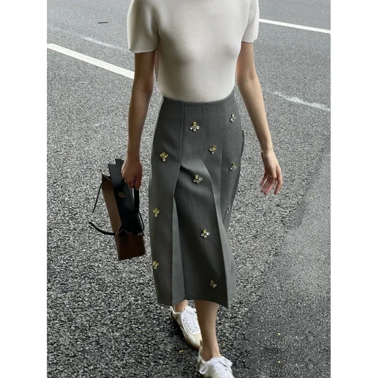 

2023 Trend New Beading Skirt for Women Korean Chic High Waist Ruched Gray Skirts Y2k E-Girl Mid-length A-line Faldas Mujer