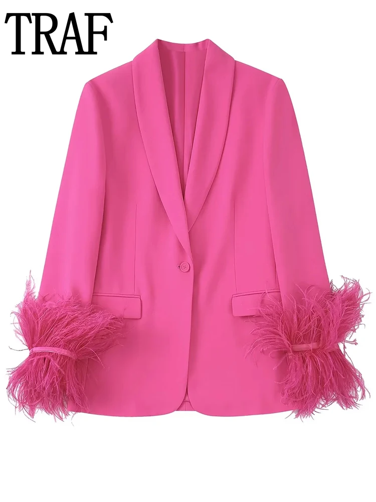 

TRAF Pink Blazer Sets Long Sleeve Feather Blazer Woman 2022 Stylish Button Women's Blazer Suits Autumn Jacket Blazers Women