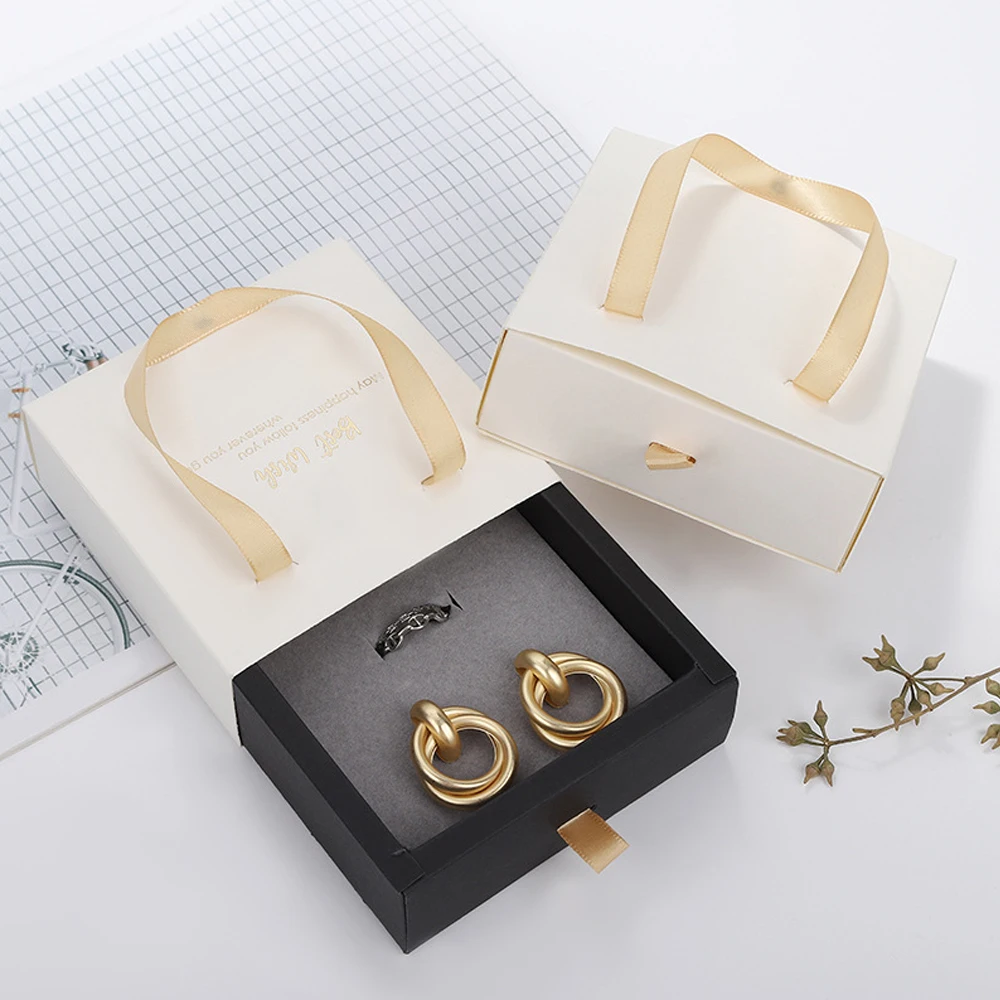 24pcs White Drawer Jewelry Gift  Box with Gold Ribbon Handle and Grey Sponge Wedding Jewellery Container DIY Packaging Organizer