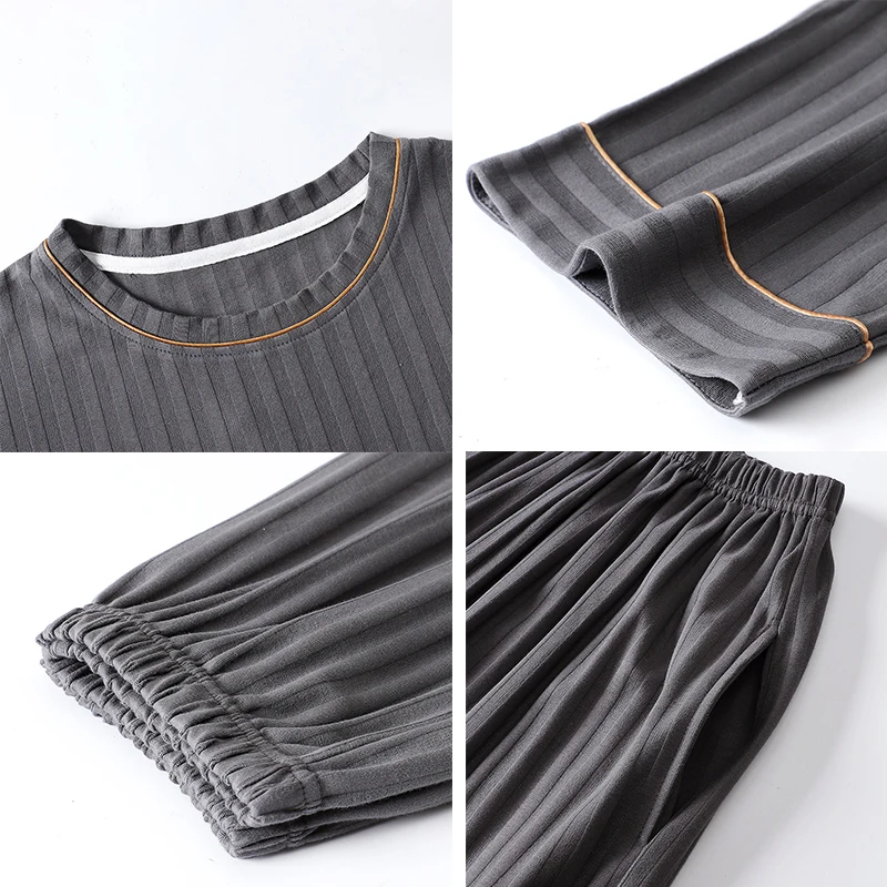 CAIYIER Summer Autumn Men's Cotton Pajamas O-Neck Short Sleeve + Long Pants Sleepwear Letter Embroidery Loungewear Plus Size 5XL