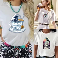 fashion summer t shirt womens 2022 wave print casual o neck t shirt breathable street clothing slim soft trend short sleeve top