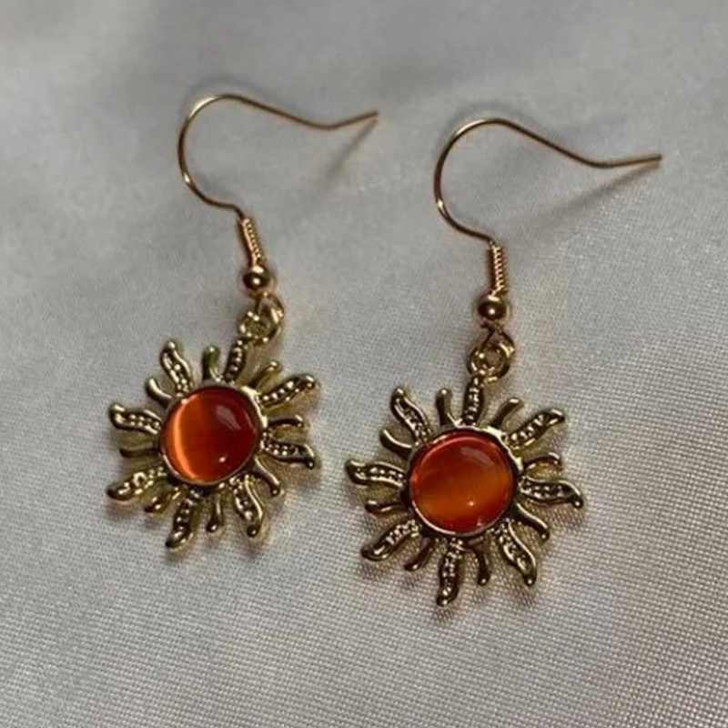 

Trendy Gold Color Sun Flower Earrings Gorgeous Metal Round Orange Moonstone Hook Dangle Earrings for Women Fashion Jewelry