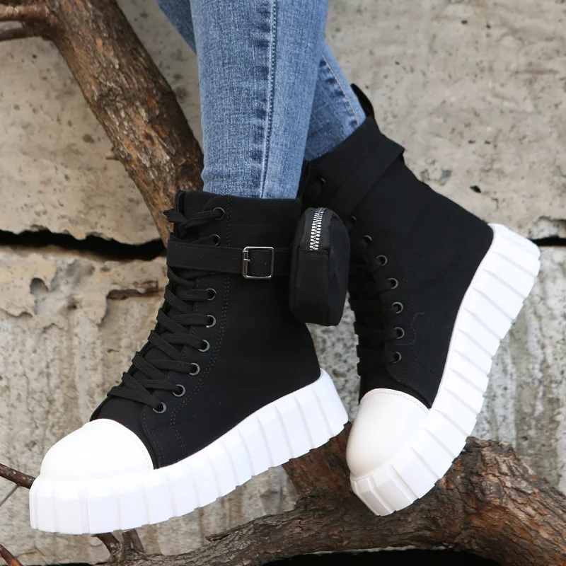 Купи High-top Pocket Boots Women Winter Shoes New White Female Canvas Shoes Autumn Platform Martern Boots Casual Plush Ankle Booties за 612 рублей в магазине AliExpress