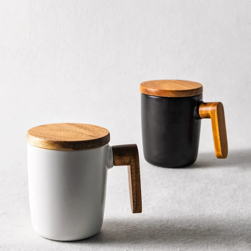 

Gift Package Wooden Handle with Cover Coffee Cup Lovers Coffee Mugs Ceramic Coffee Mug Cup Set Wooden Coffee Cup