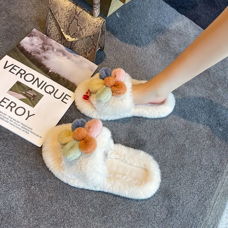 

Зимние женские меховые тапочки, мягкие плюшевые напольные туфли из искусственного меха, женские теплые домашние тапочки, пушистые домашние...