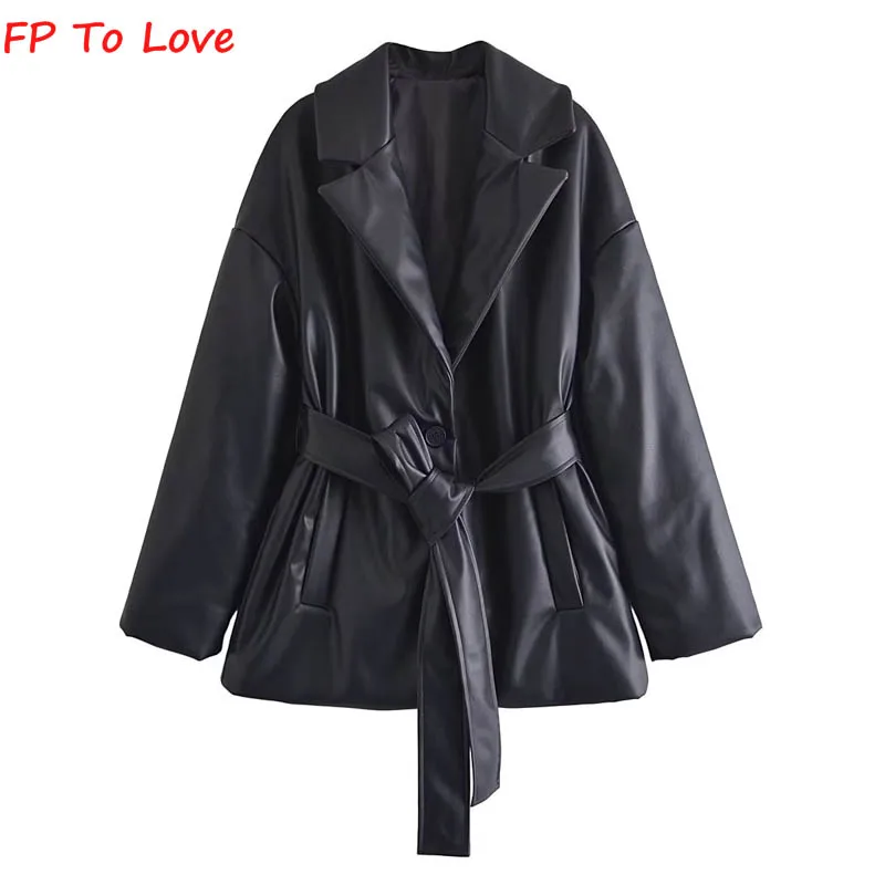

FP To Love Woman 2022 Black Lapel PU Cotton Jacket High Waist Lace Up Long Sleeve Chic Top
