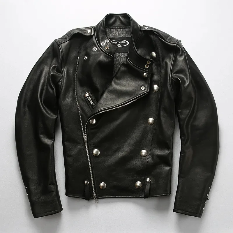 

2024 Men's Vintage Genuine Leather Rivet Double Breasted New Black Jacket Male Thick Soft Cowhide Coats Large Size 4XL