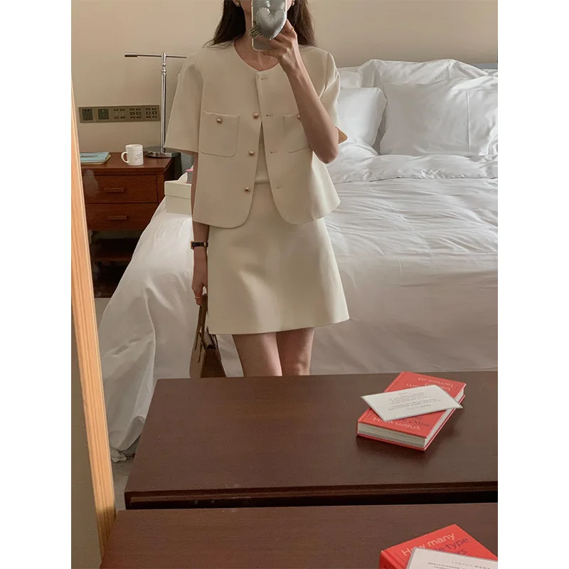 TG Short Sleeve Single breasted Small Fragrant Coat High Waist A-line Short Skirt Two Piece Set for Women 2023 Summer New 19330