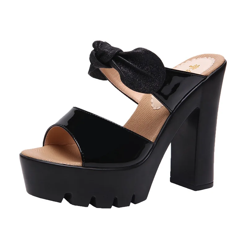Plus Size 32-43 Block Heels Summer Wedding Shoes Women Slippers 2021 Bow High Heel Slides Ladies Slippers Patent Leather