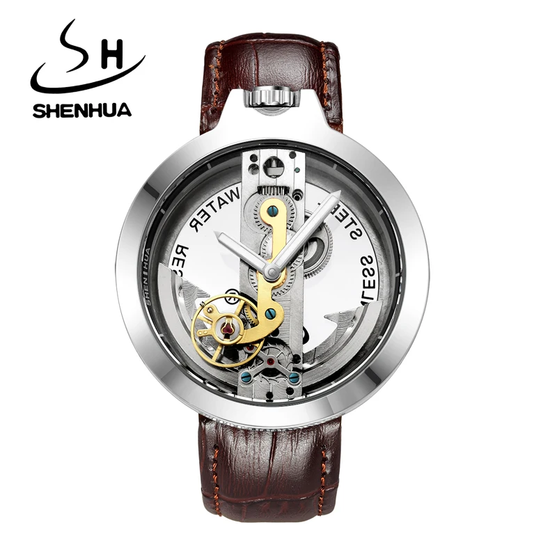 SHENHUA Роскошный ремешок из натуральной кожи прозрачные мужские автоматические
