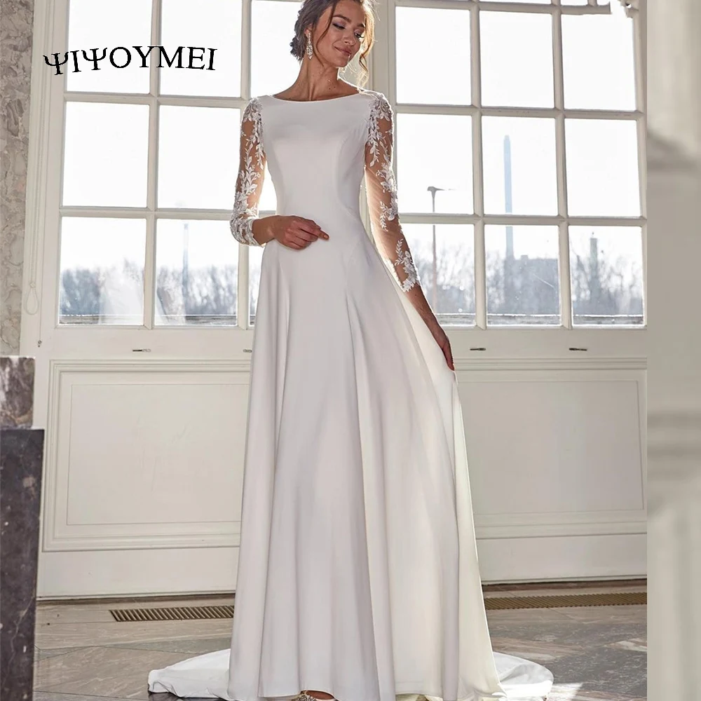 

Einfache Langarm Hochzeit Kleid Bodenlangen A-Line Robe De Mariee Customzie Für Frauen Brautkleider Charming Spitze Appliqes