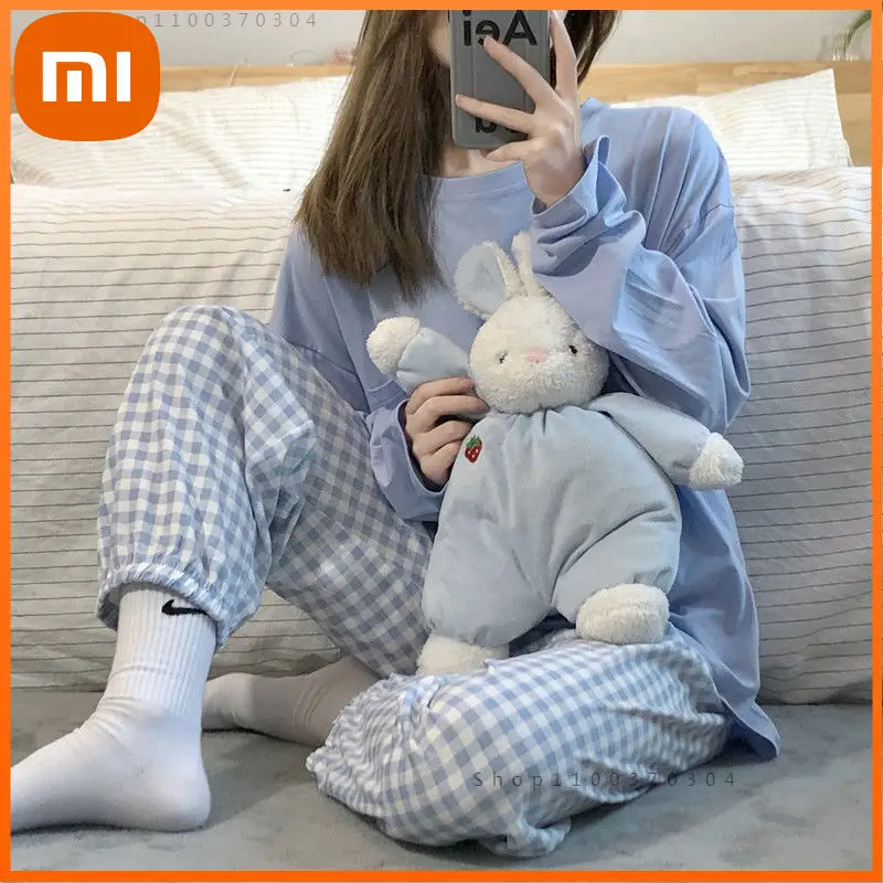 

Xiaomi Pijamas Women Home Suit Trouser Loungewear Plaid Femme Nightie Ladies Pyjamas Korean Pjs Set