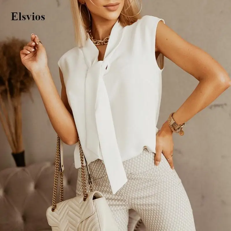 

Fashion Ladies Commute Blouse Shirts 2022 Spring Summer Sleeveless Solid Tops Pullover Elegant Tie-Up Collar Women's Shirt Blusa