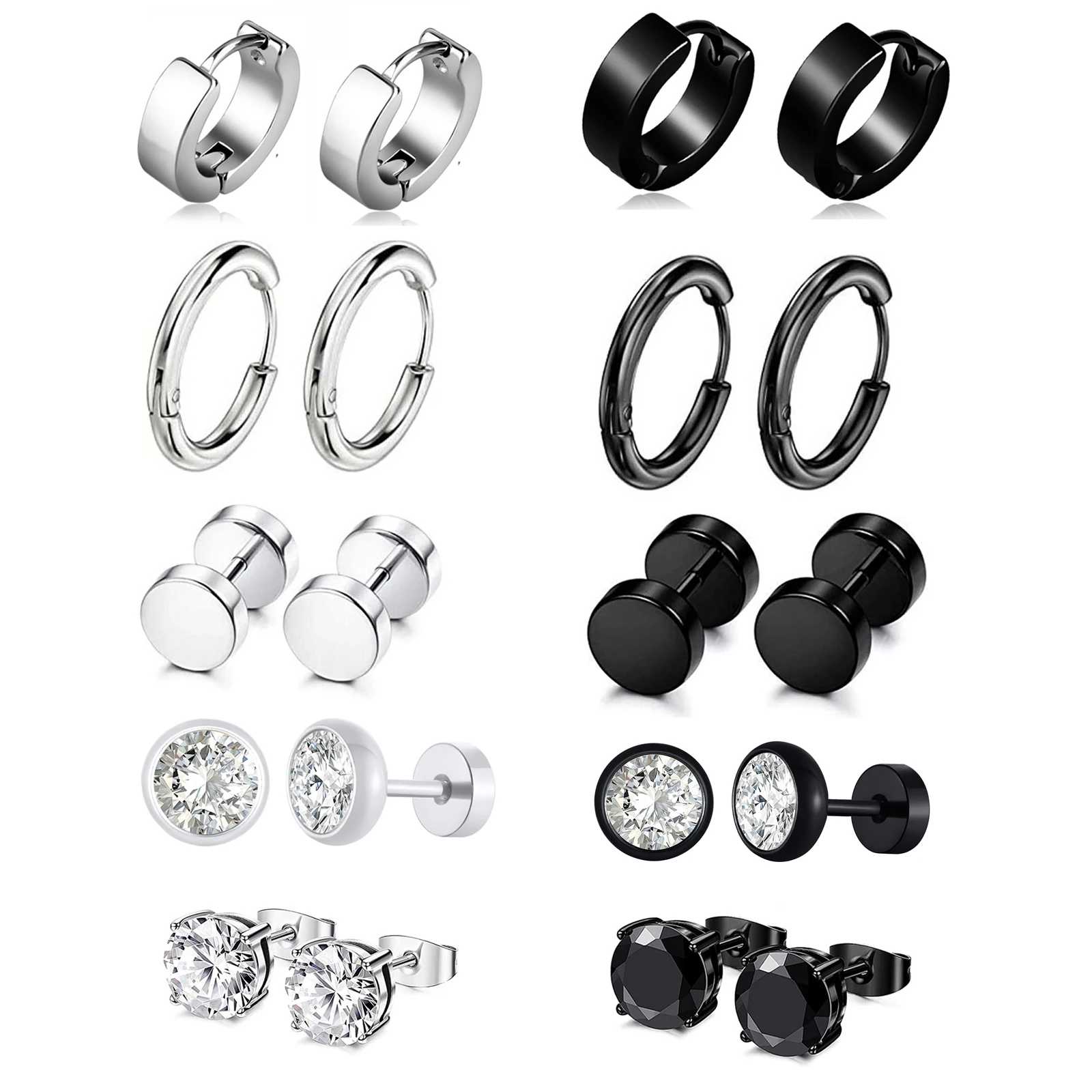 

10 Pairs Set Punk Gothic Stainless Steel Ear Studs Barbell Earrings Round Circle Hoop Earrings Piercing Earrings For Men Women