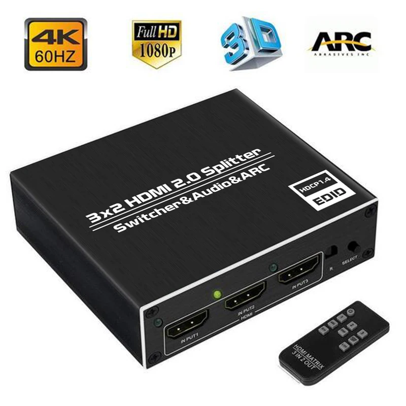 Сплиттер 4K HDMI 60 Гц Ultra HD 3X2 переключатель R/L + ARC 3 порта s входы 2 выходы с ИК-пультом