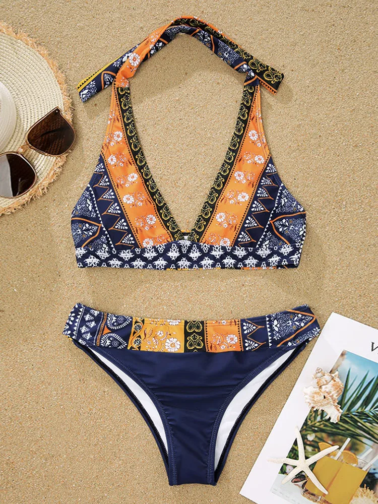 

2023 Summer Female Floral Halter Tie Bikini Set Swimsuit Brazilian Bikini Women Swimwear Push Up Bikini Set Bathing Suit