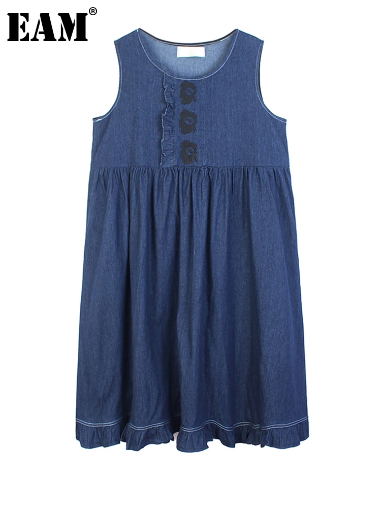 

[EAM] женское синее Плиссированное длинное винтажное платье большого размера, новое свободное платье без рукавов с круглым вырезом, весна-лет...
