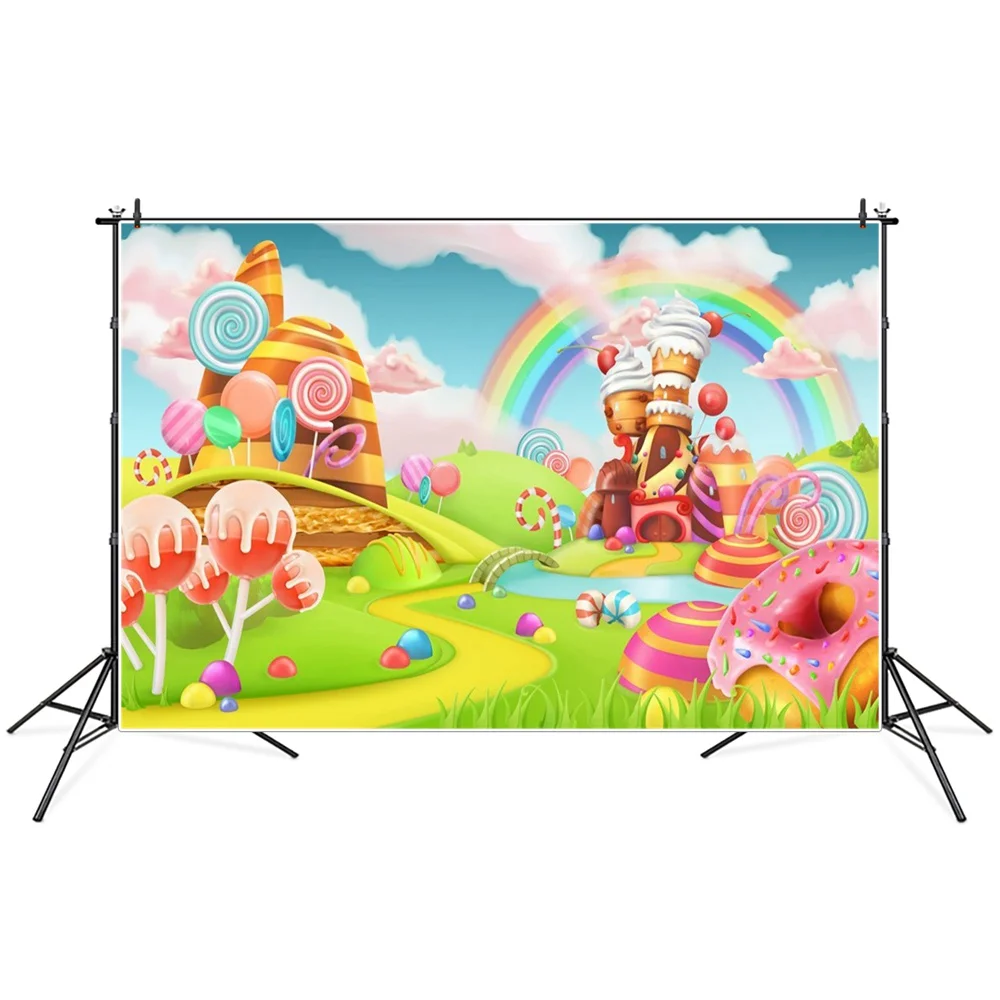 

Rainbow Candyland Birthday Decoration Photography Backdrops 1st Newborn Baby Shower Lollipop Party Photographic Background Props