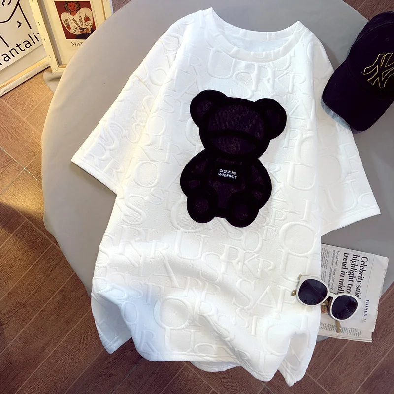 

JIERAN Women's T-shirtsGirls Plus Size Tops Letter Jacquard O-neck Short Sleeves Loose Summer Tshirt Bear White Tees M-5XL