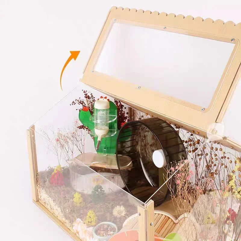 Акриловая и деревянная клетка для хомяка сборная прозрачная видимая кормления