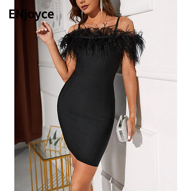 

2023 Spring New Sexy Slim Black Feather Bandeau Bodycon Bandage Dress One Line Neck Off Shoulder Prom Club Party Dresses