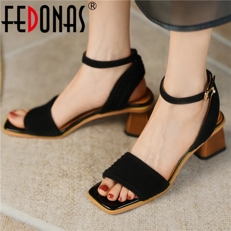 

FEDONAS 2022 Summer Women Sandals Office Lady Party Pumps Kid Suede Leather Fashion Concise Ankle Strap Thick Heels Shoes Woman