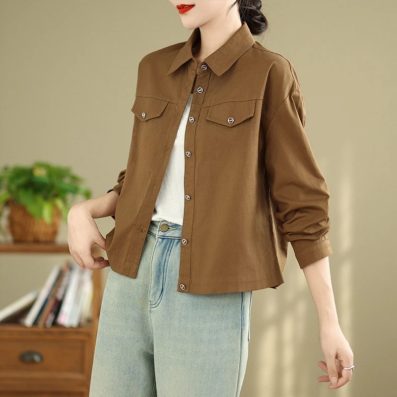Retro Japan fashion Cargo Short coat Women Spring and Autumn Design Sense Loose All-Match Polo Collar Long sleeve Jacke...