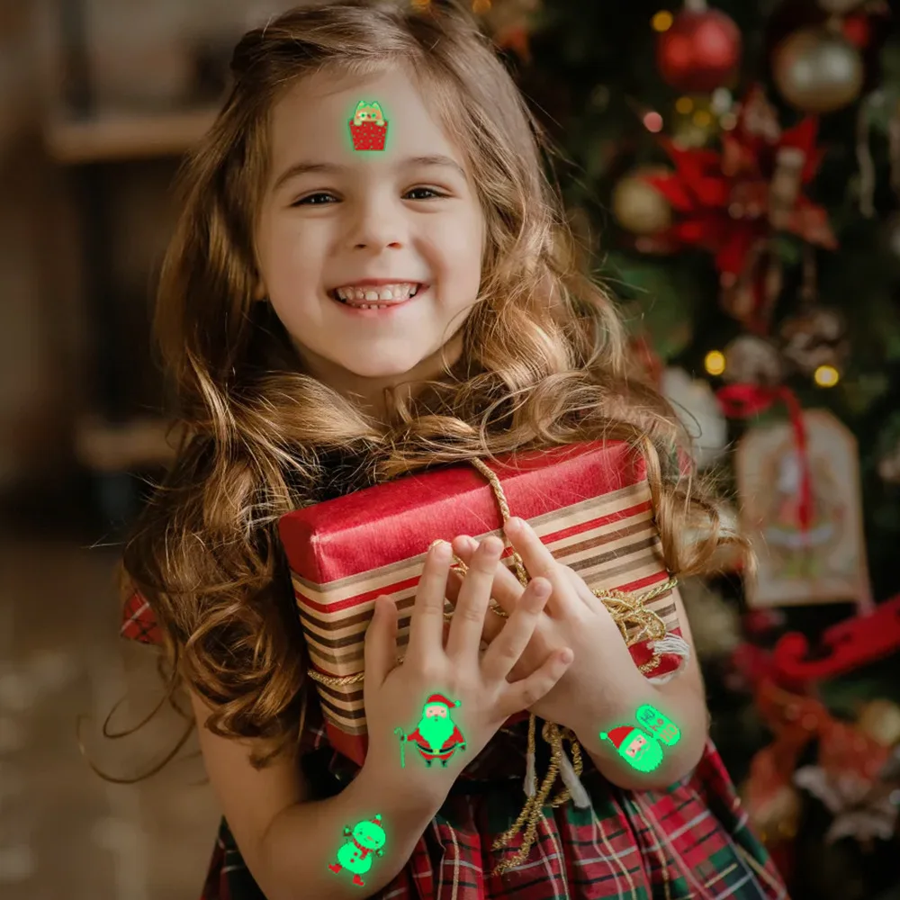 

10pcs Luminous Tattoo Stickers Christmas Elk Child Kid Temporary Fake Tattoos Glow Paste on Face Arm Leg for Children Body Art