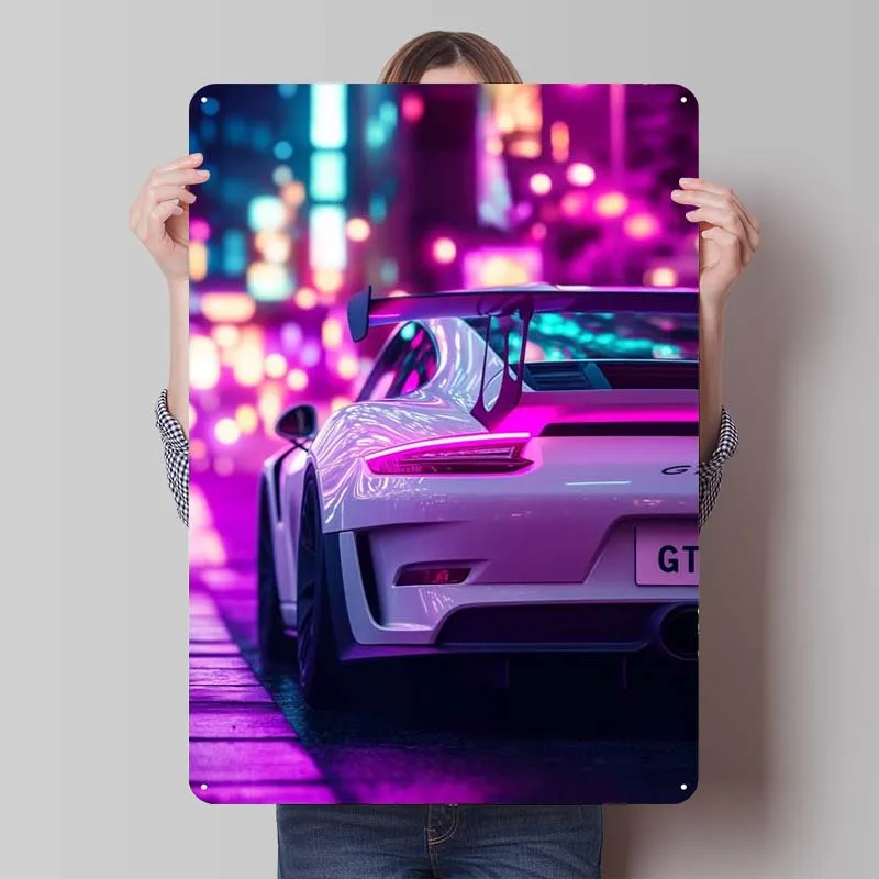 Неоновый спортивный автомобиль город Жесть Знак Автомобиль Металлический