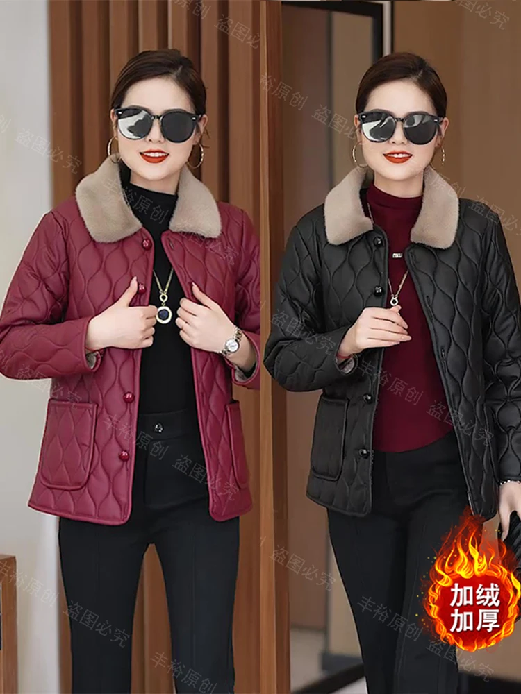 Leather Coat Women Winter 2024 New Fleece-lined Thickened Short Outerwear X Fashion Middle-Aged Middle-aged Dress Solid...