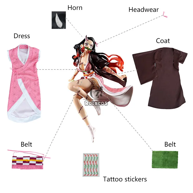 ROLECOS Nezuko Kamado Cosplay Costume Anime Demon Slayer Cosplay Costume Sexy Women Uniform Halloween Dress Full Set With Horn