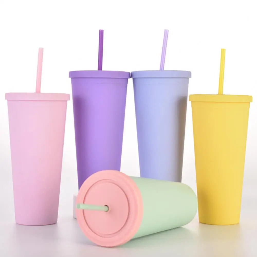 

Creative Double-layer Plastic Straw Cup Colorful Coffee Cup Large-capacity Cone Juice Cup Simple Frosted Outdoor Portable Cup