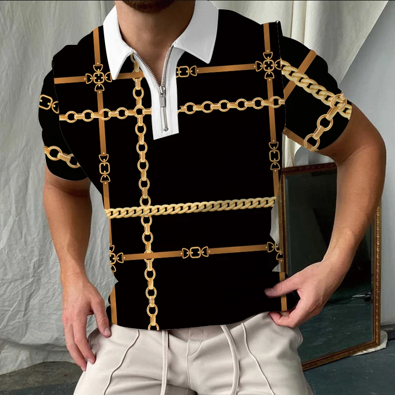 

New Summer High Quality Men Polo Shirts High Street Print Casual Short Sleeve Mens Shirts Turn-Down Collar Zipper Polo Shirt Men