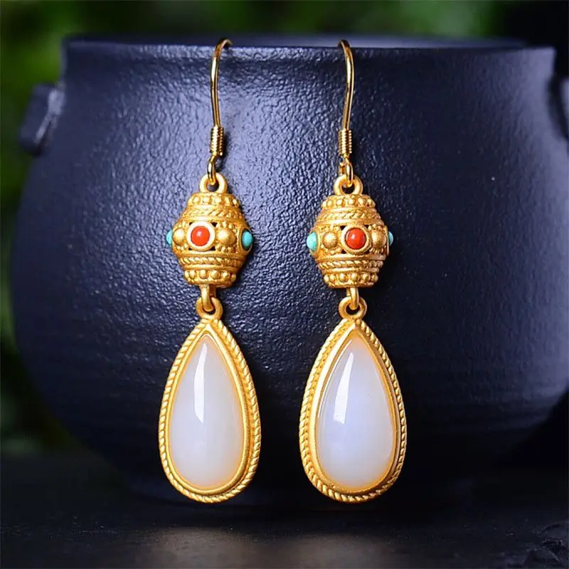 

Natural Transfer Bead Earrings 925 National Feng Shui Drop Turquoise Earrings Palace Style Jewelry Luxury Aesthetic 귀걸이 Boho