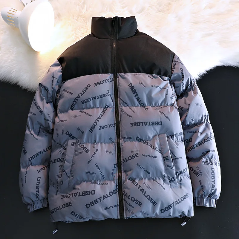 Men's Printed Puffer Jacket Streetwear Stand Collar Ripstop Quilted Padded Cotton Jacket Fashion Contrast Winter Jacket for