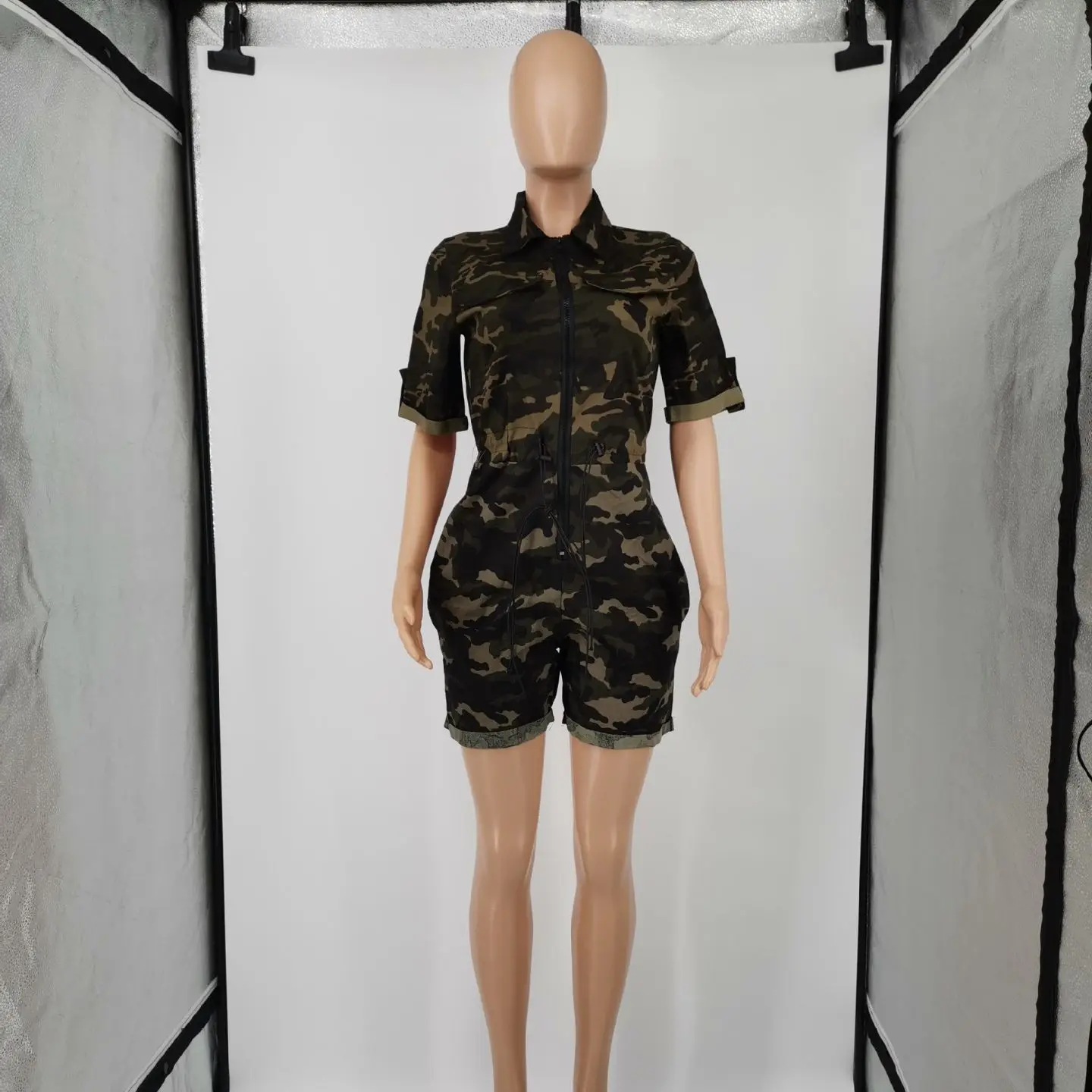 Plus Size Women Zipper Jumpsuit Camo Print V Neck One Piece Cloth Female Short Pants 2023 Summer Fashion Elegant Jumpsuit