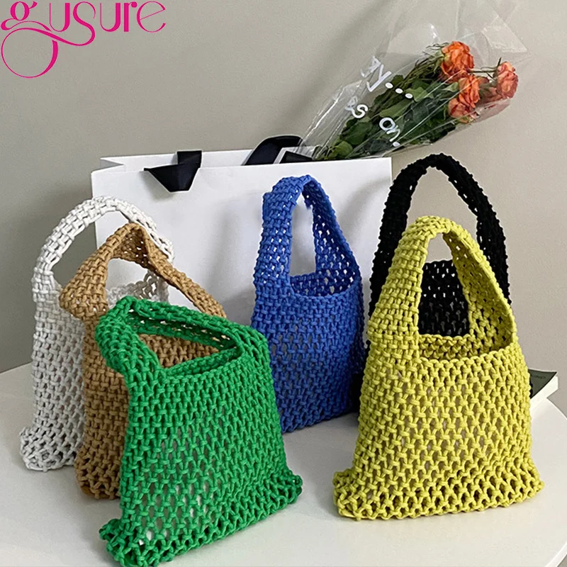 

Gusure Simple Hollow Out Shoulder Bag Women Summer Beach Travel Shopper Tote Mesh Rope Weaving Straw Net Bags Ladies Handbags