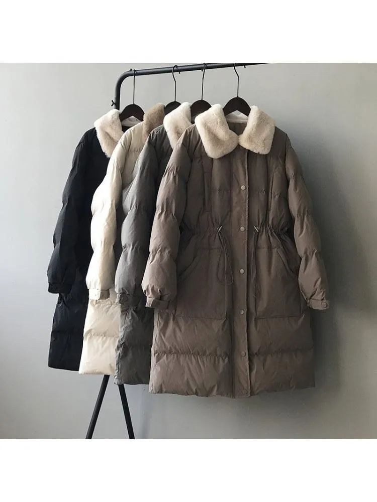2022 Winter Sustans-Padded Thick Black Long Parkas Jackets Women Imitation Rabbit Fur Collar Loose Warm Bread Coats