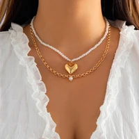 purui vintage imitation pearls choker necklace for women geometric heart pendant multilayer metal chain necklaces party jewelry