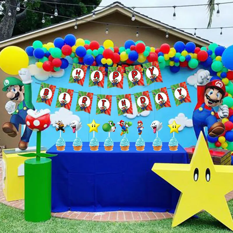 

Super Mario Brothers Cartoon Theme Banner Cake Flag Balloon Package Birthday Party Decoration Scene Layout Party Supplies