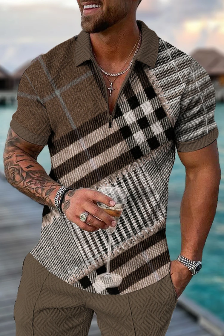 

Men's Fashion New POLO Shirt Plaid Pattern Men's Casual Business Zipper ​Short Sleeves Tops T Shirt For Man Polo Men 2023 Summer