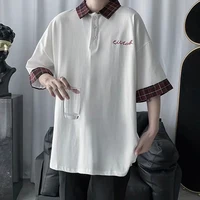 plaid polo shirts for men short sleeved t shirts button up oversized high street fashion tops grunge hip hop emo couple clothes