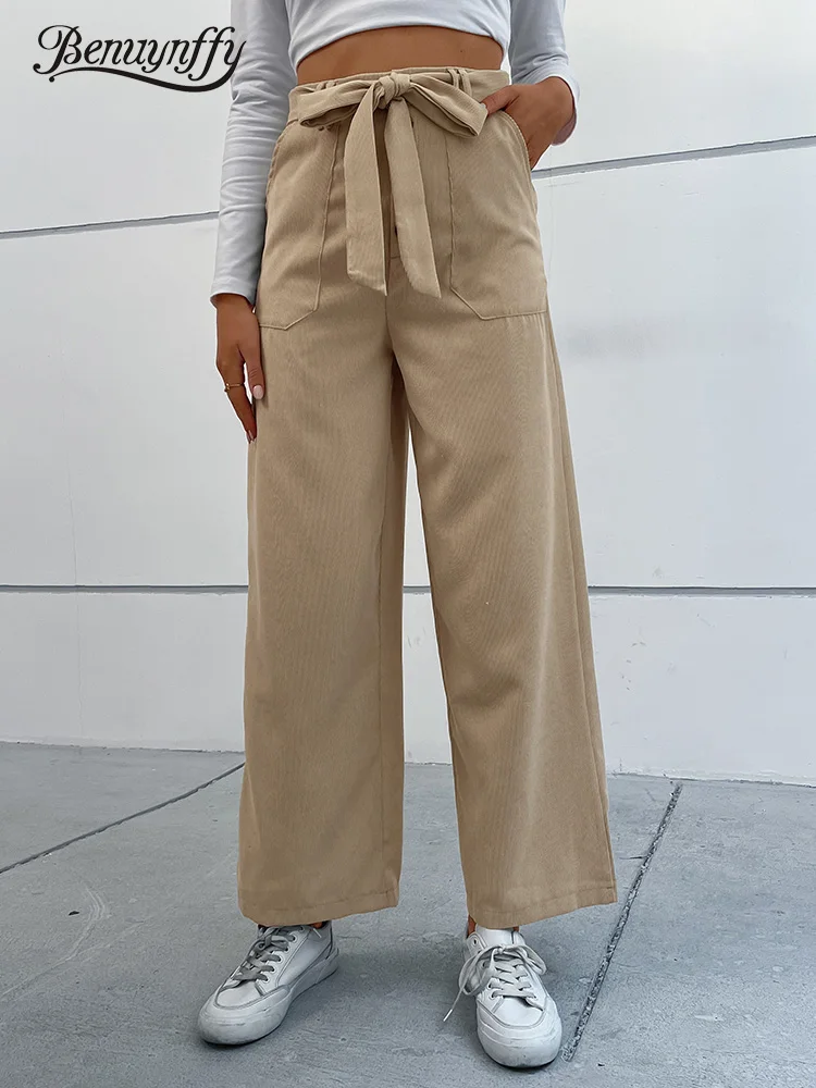 

Benuynffy Solid Corduroy Belted Wide Leg Pants Women Buttons Pocket High Waist Pants Autumn Winter Ladies Korean Casual Trousers