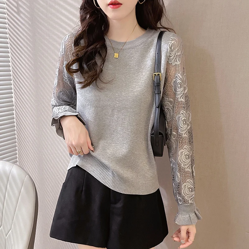 

Autumn Women Harajuku Retro Hollow Out Lace Patchwork Solid Tshirt Long Sleeve O-Neck Knitted T-Shirt Vintage Casual Slim Femme